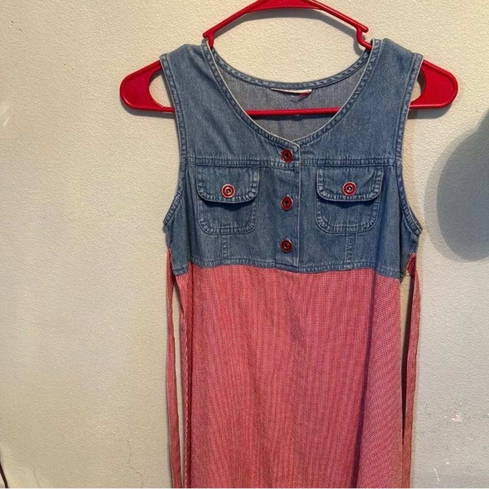 Blue and Red Sleeveless Denim Dress